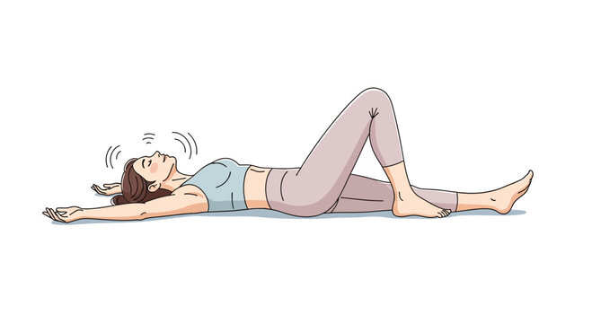 Woman relaxing on back, stretching arms and legs, serene, white background