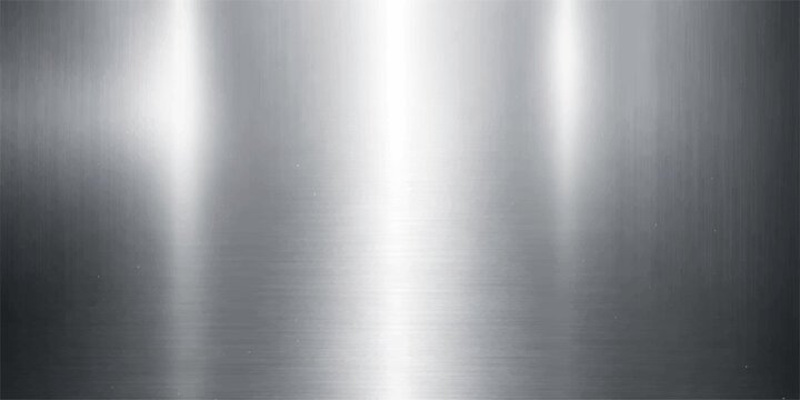 A brushed metal plate featuring a polished silver steel texture with a shiny metallic surface and smooth gray aluminum pattern reflecting light across the textured stainless iron sheet backdrop