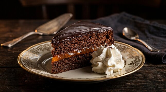 Slice of Traditional Austrian Sachertorte with Cream on Vintage Plate