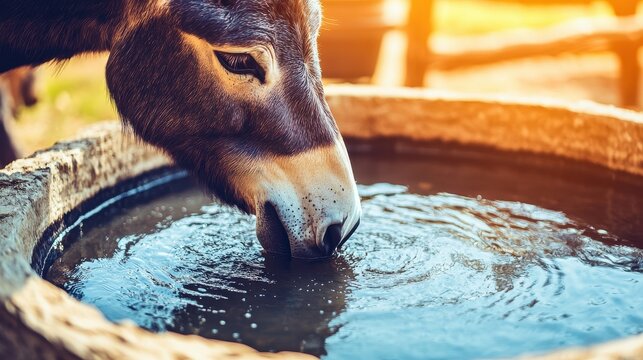 Donkey drinking water with muzzle submerged in a pool