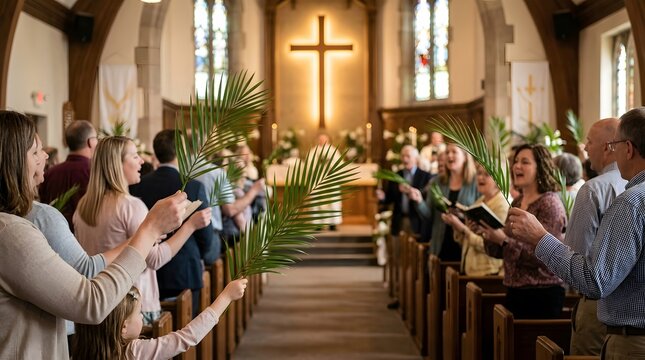 Congregation of man, woman and child holding palm branch during Palm Sunday church service. Religious ceremony with believers celebrating holy day. Christian worship inside sanctuary.