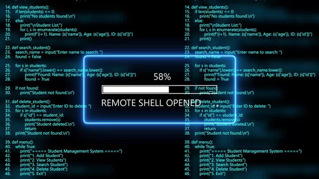 cyan glowing remote shell opened loading bar animation with digital binary code and cyber programming background. Programming code hacking concept.4k animation