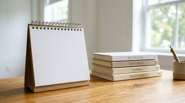 Minimalist wooden desk setup with blank planner, notebooks, and natural light from window