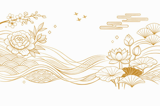 Elegant gold line art floral pattern on white background featuring abstract waves, flowing curves, lotus flowers, peony, cherry blossoms, and traditional Japanese motifs for luxury oriental design.