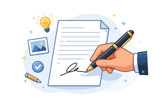 Hand Signing a Business Document with a Pen, Signature Icon for Content Creation and Writing Concept, Professional Contract Agreement, Creative Idea Lightbulb and Photo Symbols, Vector Illustration