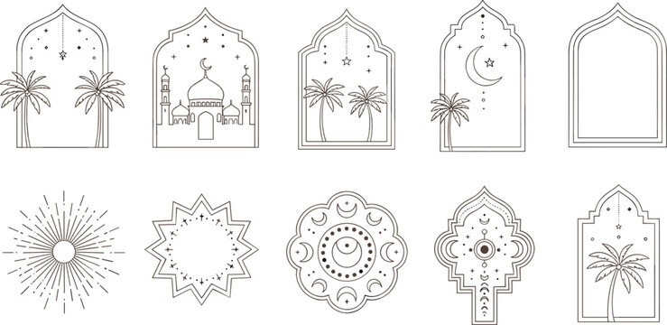 Set of Islamic Arch Window Frames with Mosque, Crescent Moon, Palm Trees and Geometric Mandala Line Art Vector Collection