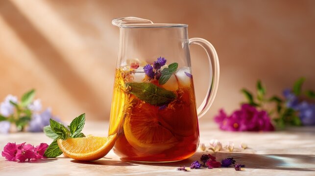 Glass pitcher filled with iced tea garnished with fresh orange slices, mint leaves and purple flower petals. Refreshing summer drink served on table. Beverage and culinary concept.