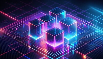 Obraz premium マゼンタとシアンの光が交錯する、未来的でハイテクな幾何学グラフィック