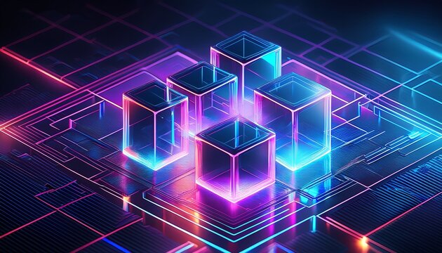 マゼンタとシアンの光が交錯する、未来的でハイテクな幾何学グラフィック
