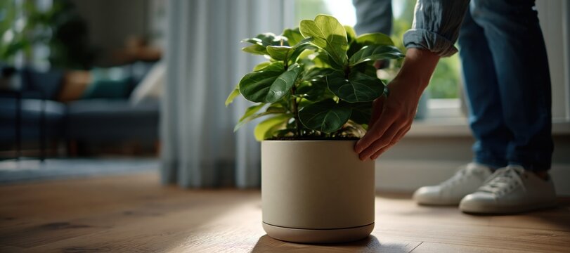 Apartment resident moving houseplant away from direct sunlight near bright window