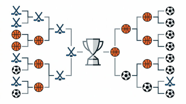 Sports tournament bracket with balls and trophy icon