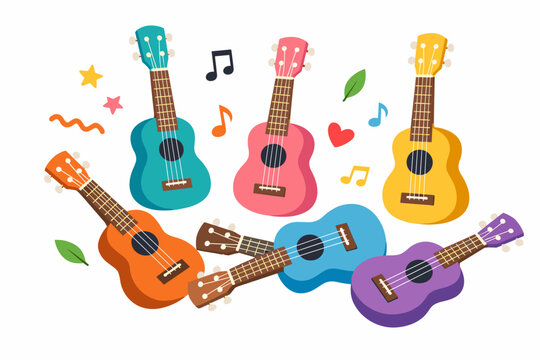 Playful Flat Vector Illustration of Colorful Ukuleles in Teal, Pink, Yellow, Orange, Blue, and Purple with Musical Notes, Stars, and Leaves; Vibrant Musical Instrument Graphic for Creative Art.