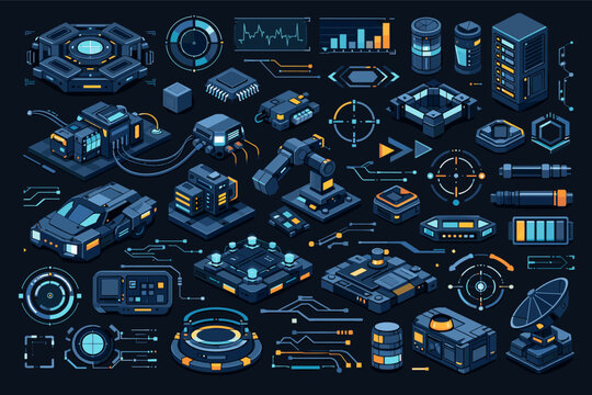Isometric Cyberpunk Technical Schematic Element Kit for Industrial Sci-Fi User Interface Design with Robotic Arm, Futuristic Car, Server Racks, Satellite Dish, HUD Components, and Circuitry