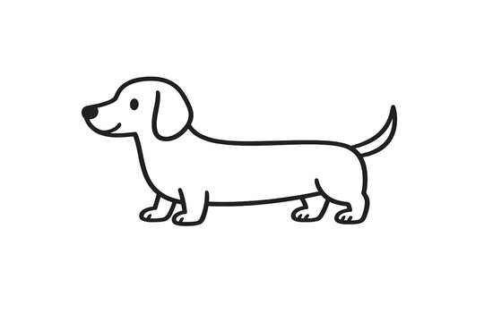 Simple line art illustration of a cute dachshund dog, minimalist flat vector sketch of a sausage dog or wiener dog puppy, black and white animal drawing for coloring book or logo design.