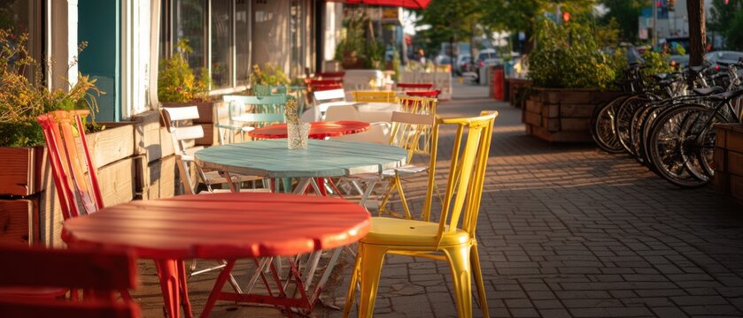 Empty tables and chairs at outdoor cafe on city street sidewalk. Colorful metal furniture in sunset light. Urban bistro patio area for dining and relaxation in summer season.