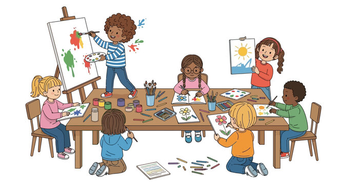 Diverse children engaged in art class, painting and drawing at a table.