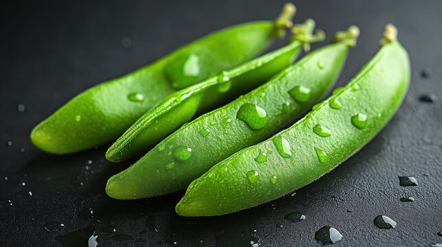 Close up view of fresh green lima bean pods with water drops