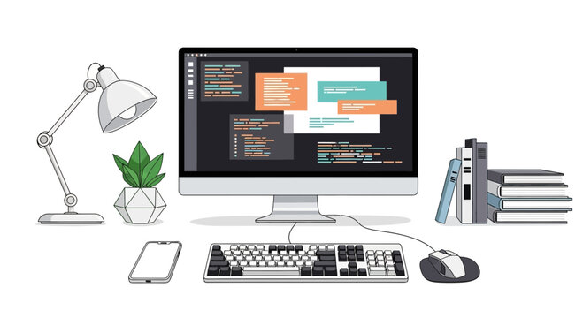 Computer desk with code on screen, lamp, plant, phone, keyboard, mouse, and books