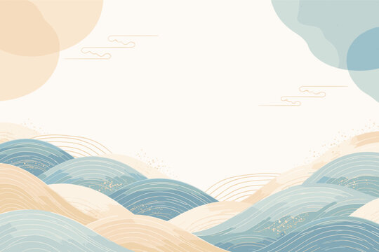 Traditional Japanese style minimalist background featuring elegant blue and gold wave patterns, textured organic shapes, and ukiyo-e inspired ocean waves for a calm, zen aesthetic design.
