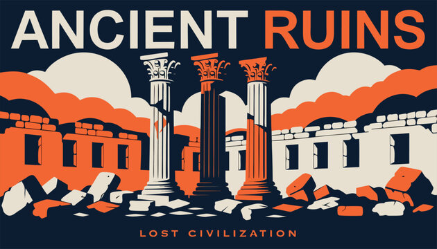 Ancient ruins lost civilization, historical site with damaged architecture illustration