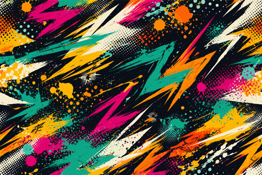 Abstract Retro Grunge Seamless Pattern with Urban Art Texture, Paint Splashes, Chaotic Shapes, Lines, and Dots. Vibrant Colorful Street Style Graffiti Background for Textile and Graphic Design.