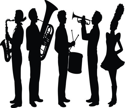 Black and white silhouette of jazz musicians playing instruments vector illustration EPS PNG file