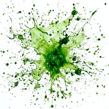 Toxic green acidic sparks splashing isolated against a pure white background.