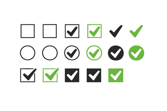 Vector set of check mark icons, check boxes, and radio buttons. Green and black tick symbols for correct answers, yes choices, and task completion. Minimalist UI elements for forms and surveys.