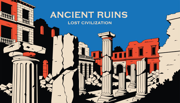 Ancient ruins of lost civilization with red roman buildings and white marble greek columns