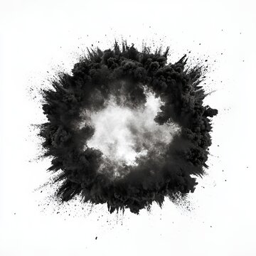Round dark spherical explosion silhouette isolated on a clean white background.