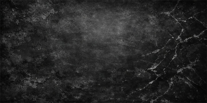 A dark aged grunge background featuring a textured black and white vintage wall surface with a dirty paper pattern and blank grey chalkboard frame design