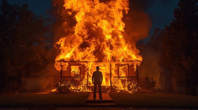 Man stands before his engulfed house in intense flames and smoke at night