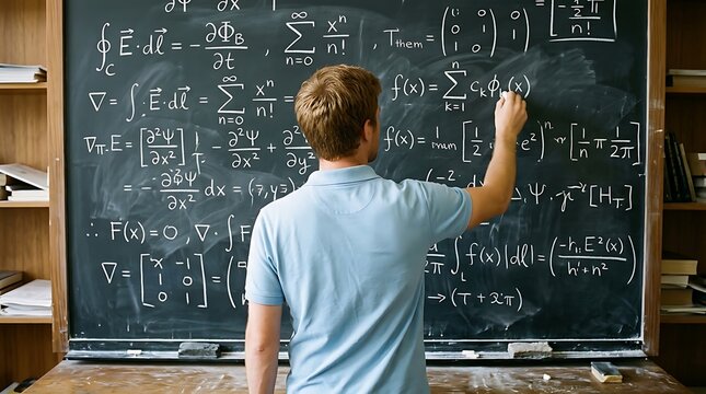 Young man solving complex physics equations on blackboard in classroom setting, focused learning environment