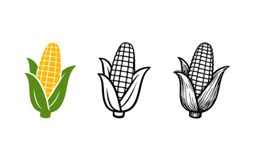 Naklejka premium Trio of Maize Cob Representations Presented in Vivid Full Color, Clean Black Contour Line, and Textured Hand-Drawn Sketch Styles, Suited for Harvest Season, Farm Market, and Agricultural Food Branding