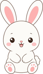 Obraz premium Cute kawaii white bunny vector illustration with pink ears and rosy cheeks isolated on transparent background
