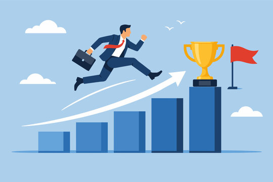 Businessman in a suit jumping over a rising bar chart with an upward arrow towards a gold trophy and a red flag, representing career growth, success, achievement, and reaching business goals.