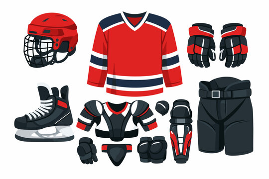 Ice Hockey Player Equipment and Protective Gear Set Featuring Red Helmet with Cage, Team Jersey, Gloves, Ice Skates, Shoulder Pads, Shin Guards, and Padded Pants Isolated on White Background.
