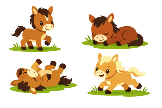Set of four adorable cartoon foals in various poses like sleeping, running, and rolling on green grass. Cute baby horse vector illustration for nursery decor, stickers, and children's creative art.