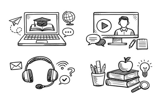 Online Education Sketch Icon Collection with Hand-Drawn Laptop, Graduation Cap, Video Lesson, Teacher, Headset, Books, and School Supplies for E-Learning, Distance Study, and Webinar Designs.