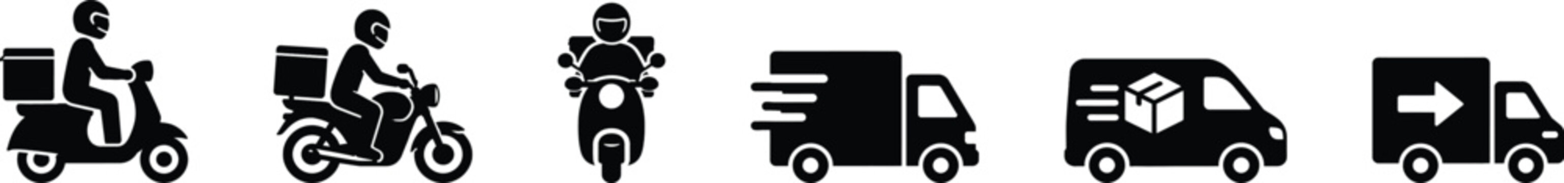 A set of black representing various modes of delivery and transportation services