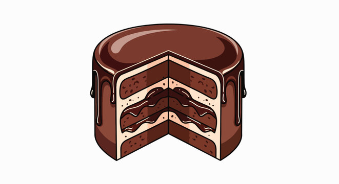 Illustration of a cut chocolate cake with cream filling on a white background.