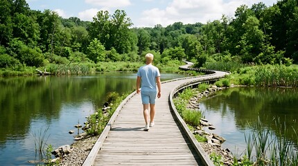 Fototapeta premium Woman walking alone on serene wooden boardwalk through lush nature with calm lake reflections