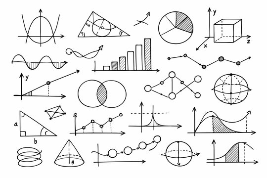 Hand Drawn Mathematical Graphs and Charts with Geometry Shapes, Statistics Diagrams, and Scientific Formulas on White Background; Sketchy Doodle Vector Set for Education, Data, and Science.