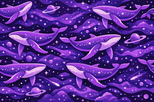 Surreal seamless pattern of purple humpback whales swimming in a cosmic deep space ocean with stars and planets. Dreamy ultra violet fantasy vector illustration for fabric and wallpaper design.