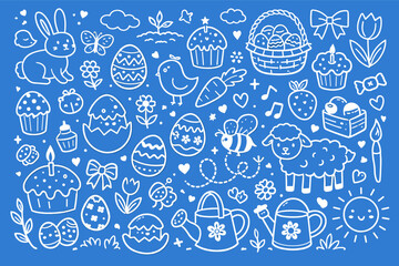 Naklejka premium Happy Easter Banner with Hand Drawn White Outline Icons on Blue Background. Festive Spring Greeting Card with Cute Bunny, Decorated Eggs, Chick, Sheep, Flowers, Cupcakes, and Watering Can Art.