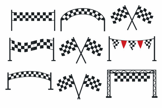 Set of racing finish line banners, crossed checkered flags, and start line arches on white background. Flat vector illustration of motor sports competition elements for victory and speed.