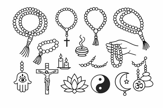 Traditional prayer beads and religious rosary meditation elements set. Technical monoline illustrations of spiritual symbols including crucifix, hamsa hand, lotus flower, yin yang, and crescent.