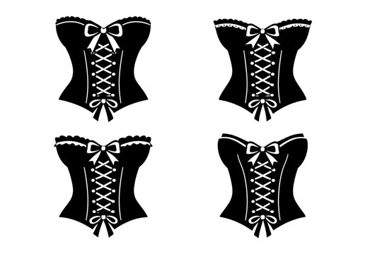 Set of Four Black Vintage Corset Silhouettes with Elegant Ribbon Bows and Lace-Up Front Details; Flat Vector Icons of Victorian Style Lingerie and Burlesque Fashion for Graphic Design Projects.