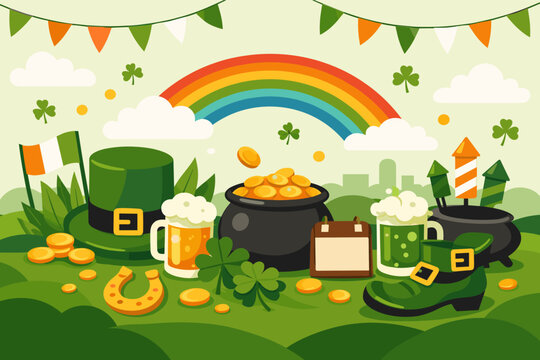 St. Patrick's Day Festive Vector Illustration Featuring Leprechaun Hat, Pot of Gold, Rainbow, Shamrocks, Beer Mugs, Horseshoe, and Irish Flag on Green Landscape for Holiday Event Posters.