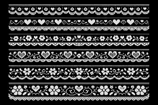 Set of Vintage Pixel Lace Borders with Flowers, Hearts, and Scalloped Edges. Decorative White Embroidery Frills and Ornaments for Retro Textile Design, Wedding Invitations, and Digital Crafting.
